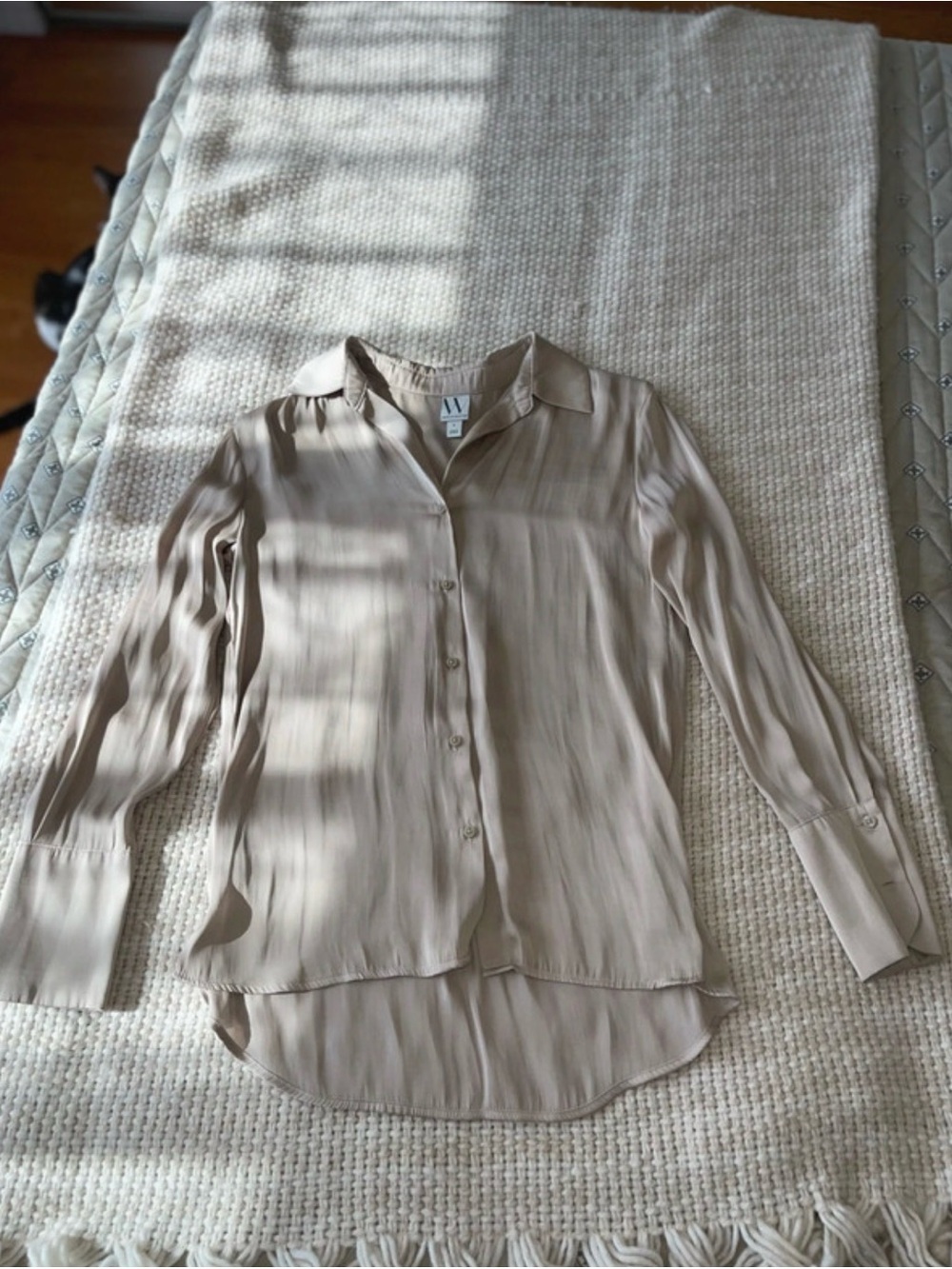 Worthington Beige Button-Front Long Sleeve Satin Blouse